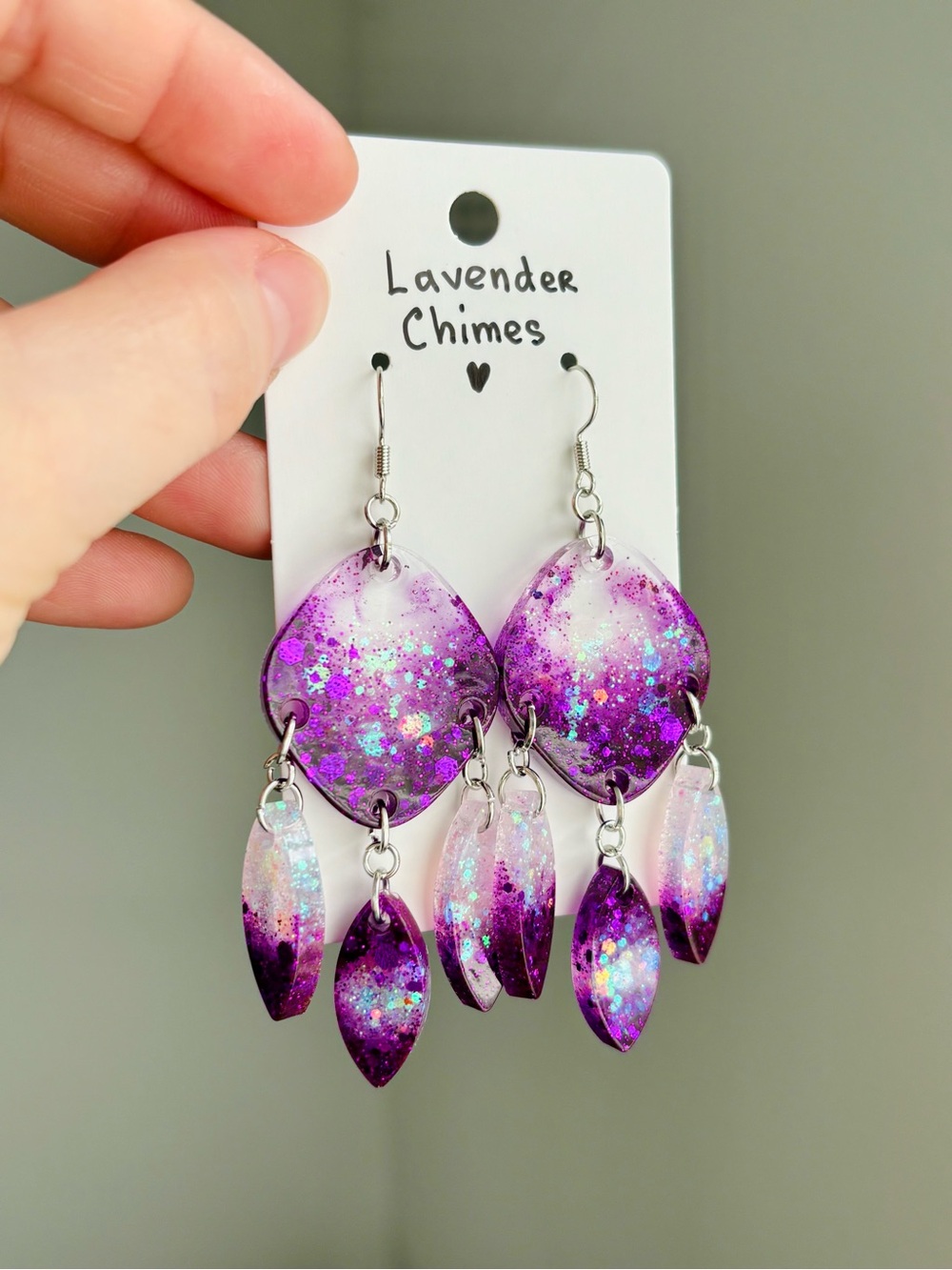 Purple Chime Resin Earrings Handmade Glitter Dangle